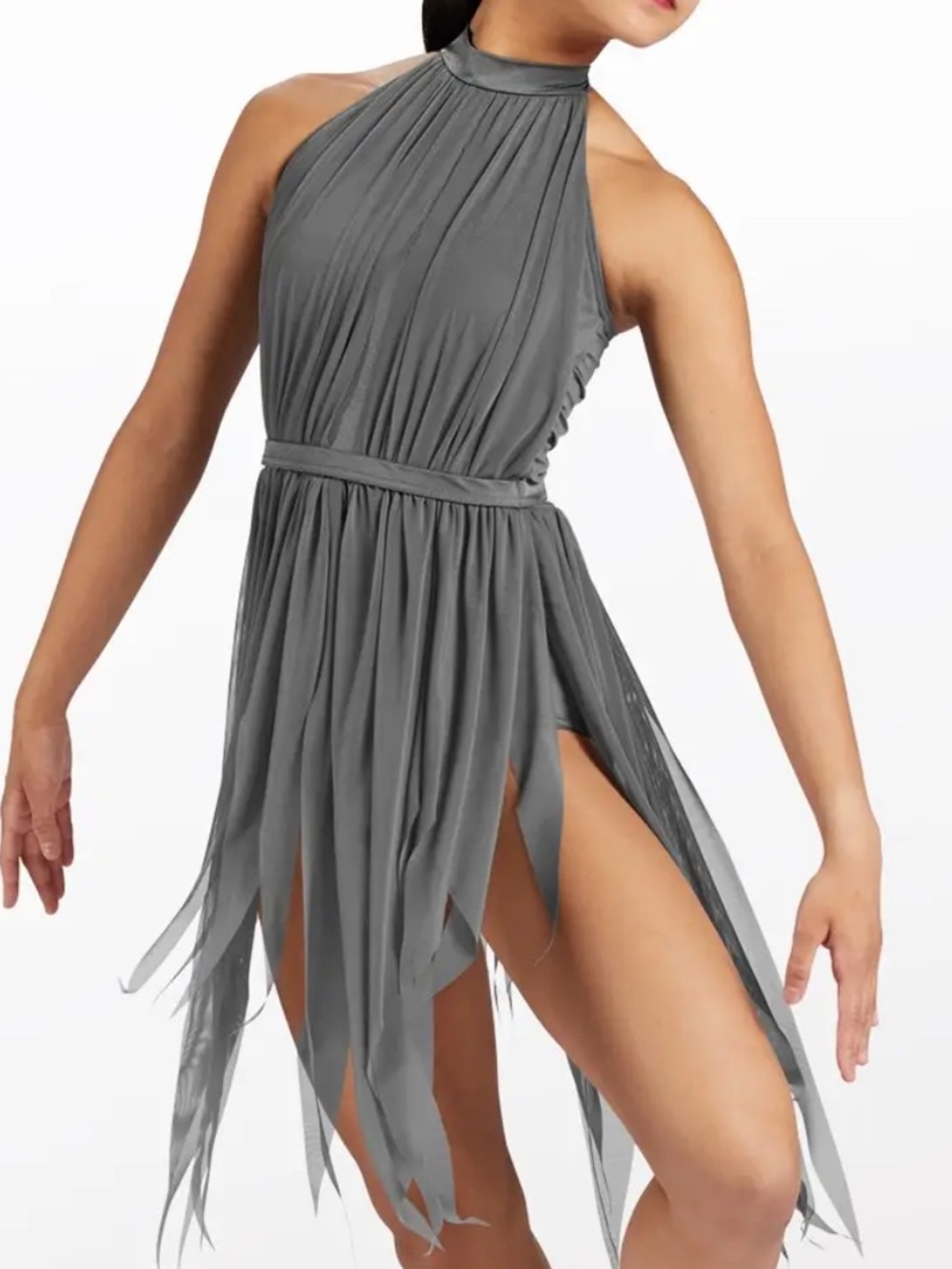 Weissman Gray Halter Tattered Paneled Mini Dress